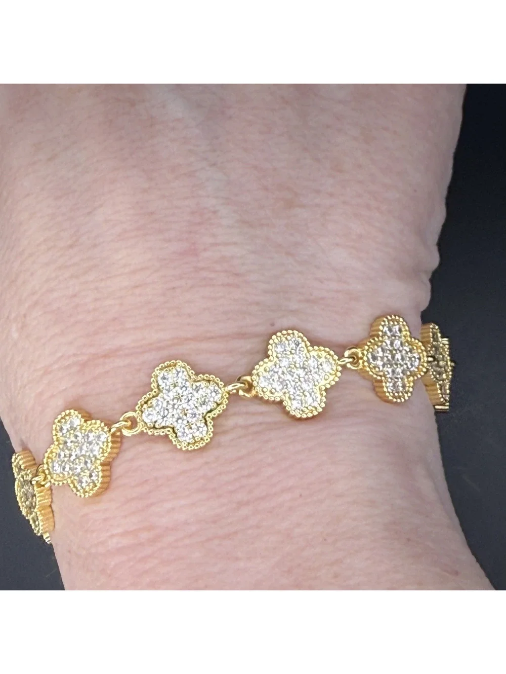 candy+clover gold pave crystal clover gold tone station bracelet